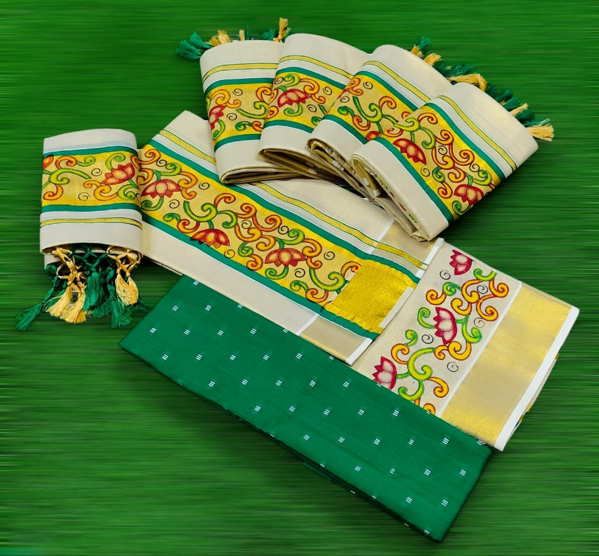 3×5 Tissue Kunjalam Printed Setmundu With Blouse
