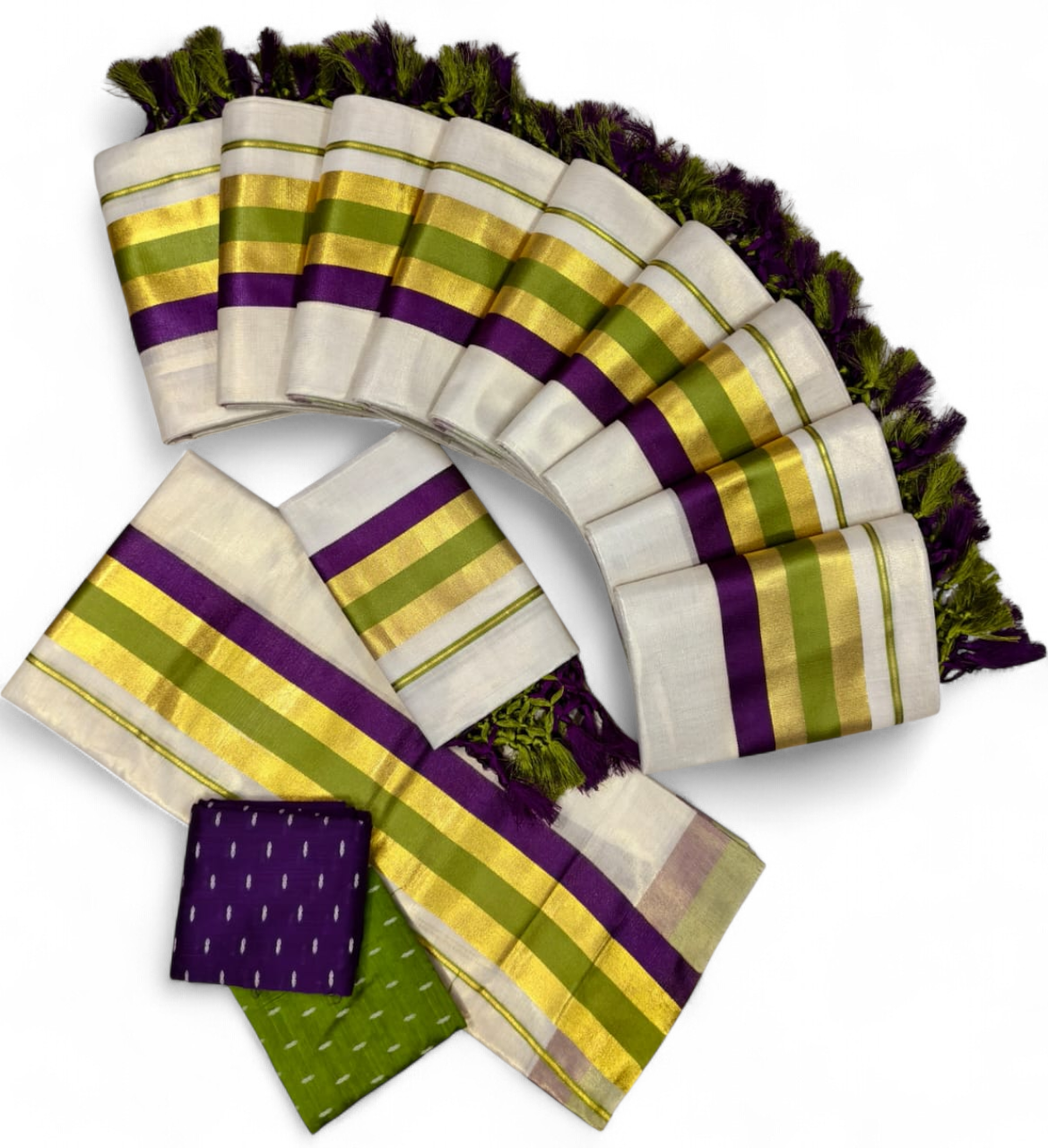 TISSUE FANCY SETMUNDU WITH TUSSELS WITH BLOUSE