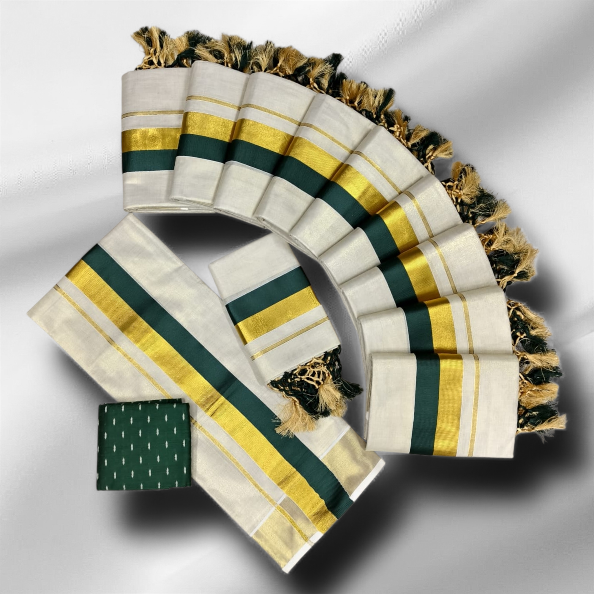 TISSUE HALF AND HALF SETMUNDU WITH TUSSELS WITH BLOUSE