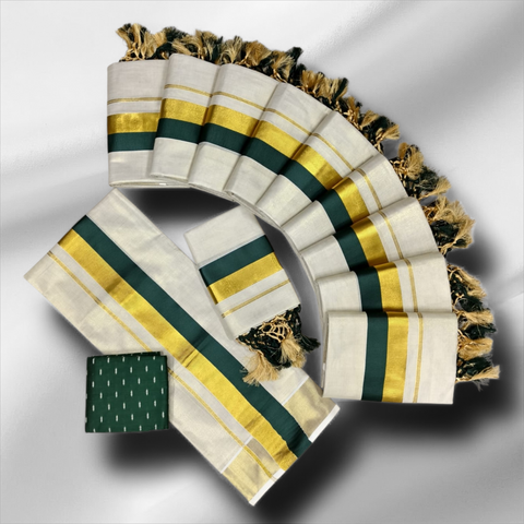 TISSUE HALF AND HALF SETMUNDU WITH TUSSELS WITH BLOUSE