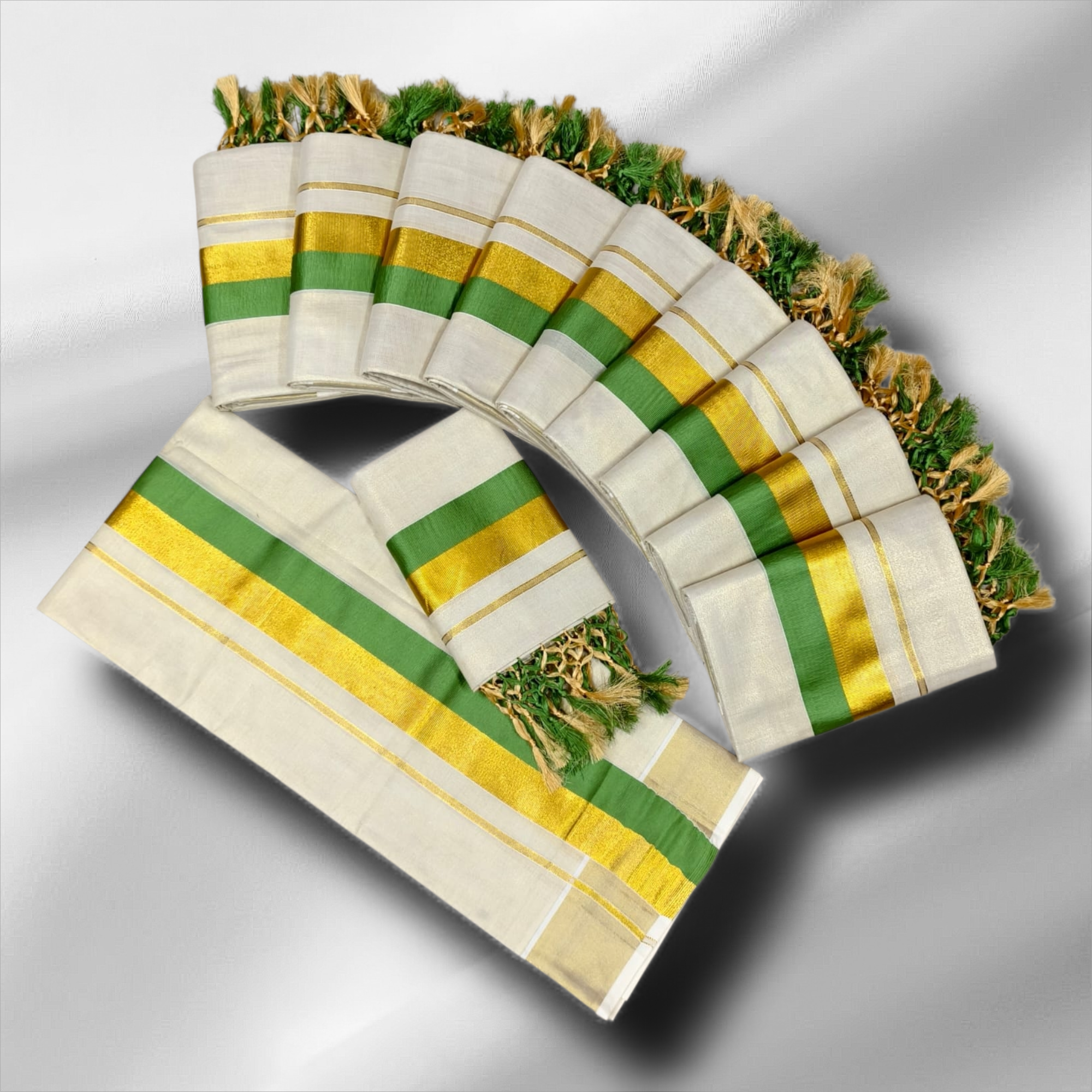 TISSUE HALF AND HALF SETMUNDU WITH TUSSELS WITH BLOUSE