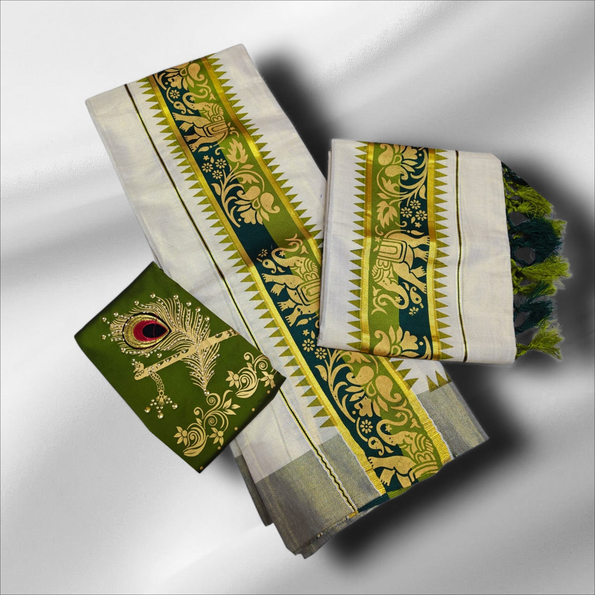 Premium Printed Tissue Setmundu With Blouse