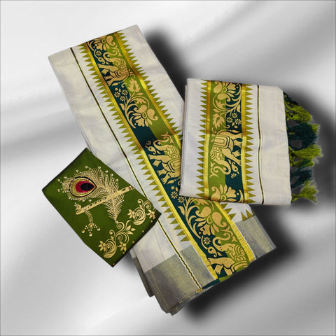 Premium Printed Tissue Setmundu With Blouse
