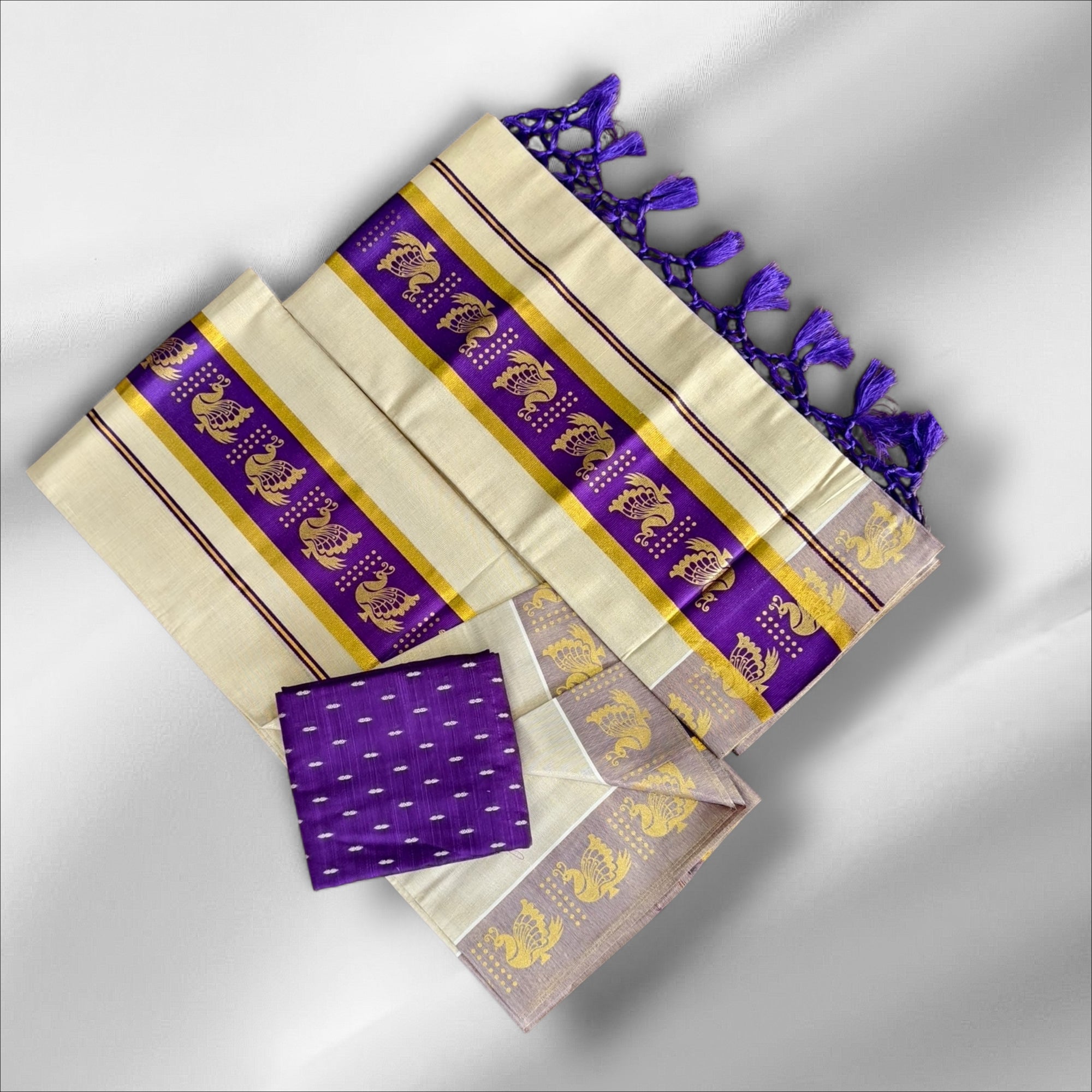 CLR Tissue Golden Print Setmundu With Blouse