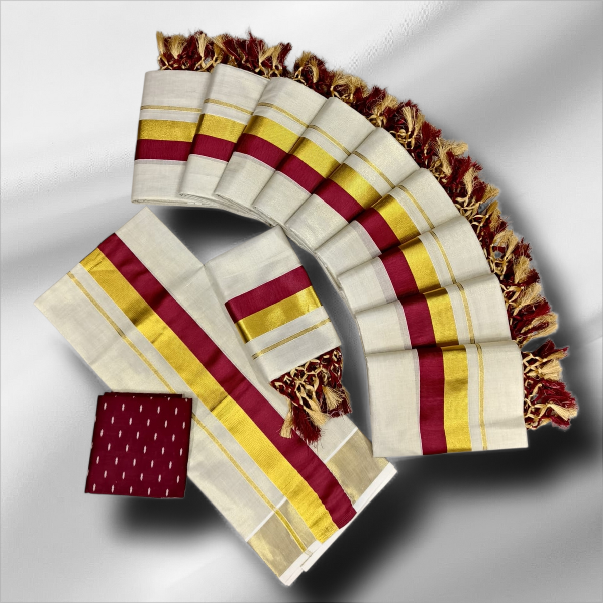 TISSUE HALF AND HALF SETMUNDU WITH TUSSELS WITH BLOUSE