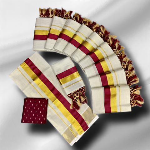 TISSUE HALF AND HALF SETMUNDU WITH TUSSELS WITH BLOUSE