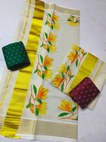 Golden Tissue Chembakam Printed Setmundu With blouse