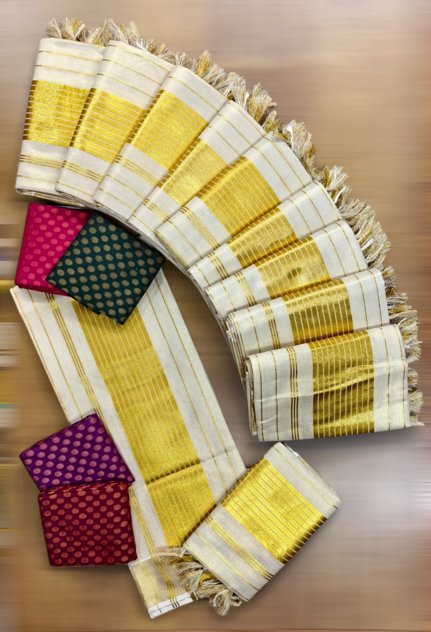 TISSUE MAYURI LINES SETMUNDU WITH TUSSELS WITH BLOUSE