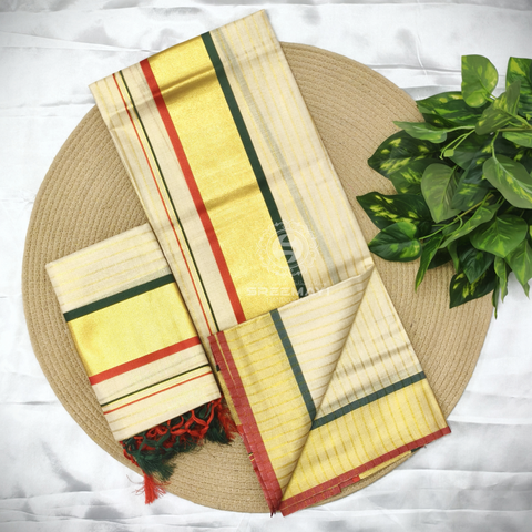 Special Quality Settumund
Golden Tissue
Double Coloured Full Gold Stripes
With  Kunjalam
Settumund 2.80mtrs