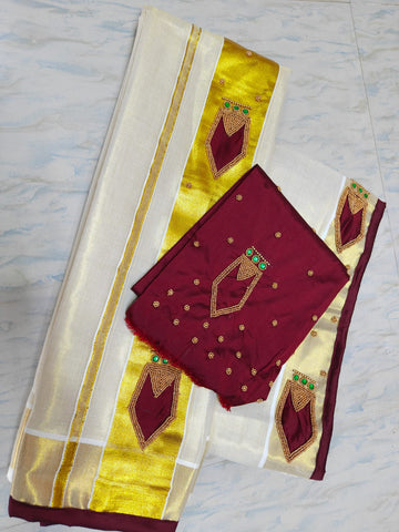 Premium Aariwork Tissue Setmundu With Blouse