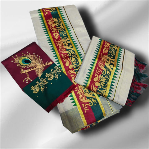 Premium Printed Tissue Setmundu With Blouse