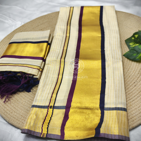 Special Quality Settumund
Golden Tissue
Double Coloured Full Gold Stripes
With  Kunjalam
Settumund 2.80